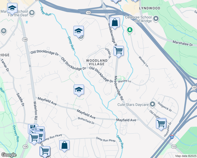 map of restaurants, bars, coffee shops, grocery stores, and more near 7612 Oldfield Lane in Ellicott City