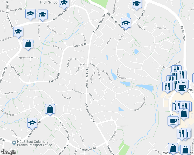 map of restaurants, bars, coffee shops, grocery stores, and more near 6315 Raritan Court in Columbia