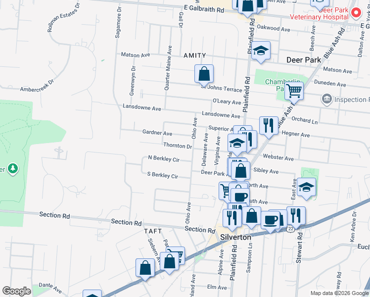 map of restaurants, bars, coffee shops, grocery stores, and more near 3855 Thornton Drive in Silverton