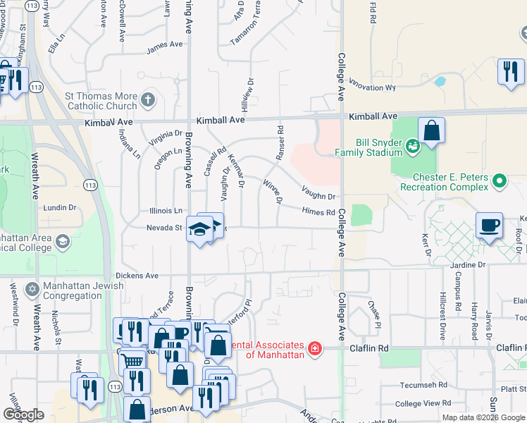 map of restaurants, bars, coffee shops, grocery stores, and more near 1716 Ranser Road in Manhattan