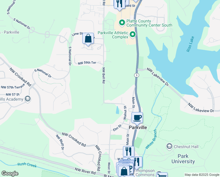 map of restaurants, bars, coffee shops, grocery stores, and more near 9119 Northwest 57 Street in Parkville