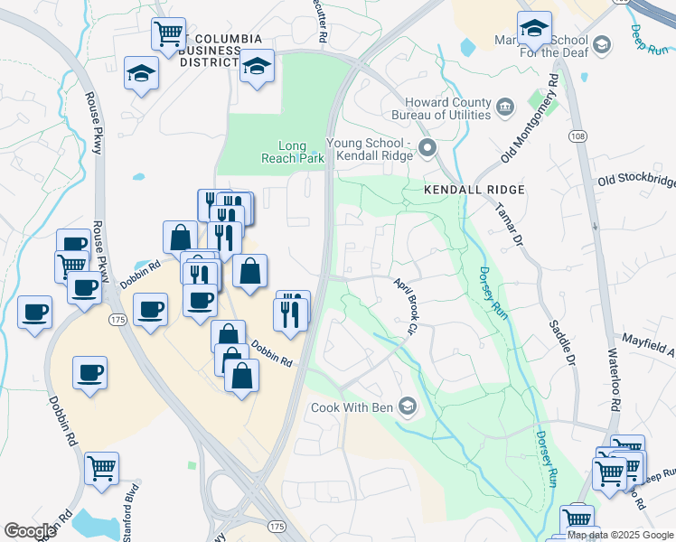 map of restaurants, bars, coffee shops, grocery stores, and more near 6203 Deep River Canyon in Columbia