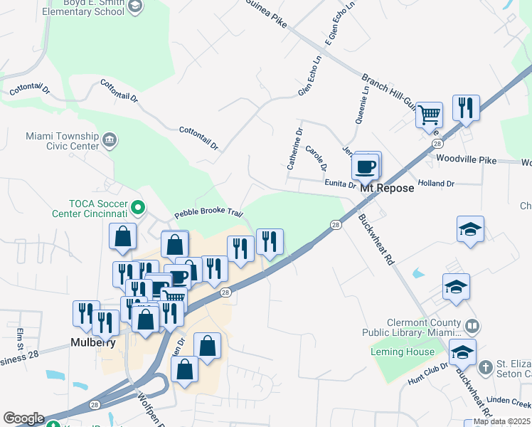 map of restaurants, bars, coffee shops, grocery stores, and more near 14 Easley Drive in Milford
