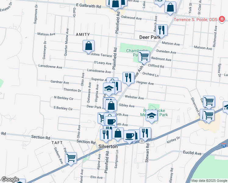 map of restaurants, bars, coffee shops, grocery stores, and more near 4116 Webster Avenue in Cincinnati