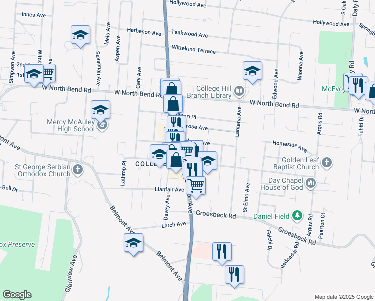 map of restaurants, bars, coffee shops, grocery stores, and more near 1537 Marlowe Avenue in Cincinnati