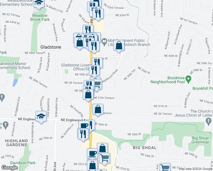 map of restaurants, bars, coffee shops, grocery stores, and more near 2813 A Northeast Kendallwood Parkway in Gladstone