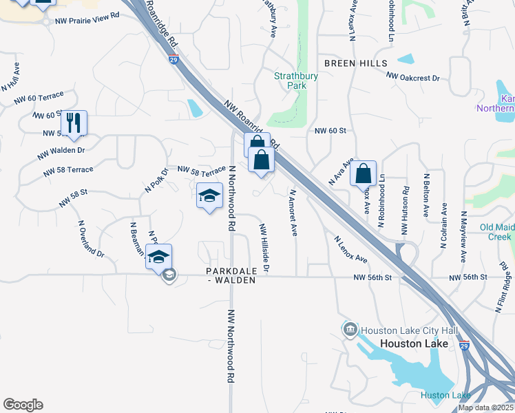 map of restaurants, bars, coffee shops, grocery stores, and more near 4304 Northwest 57th Terrace in Kansas City