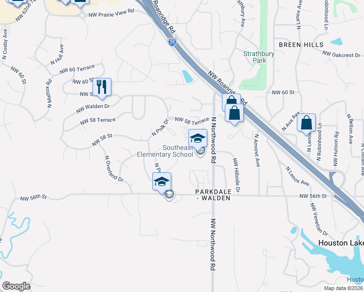 map of restaurants, bars, coffee shops, grocery stores, and more near 4803 Northwest 57th Court in Kansas City