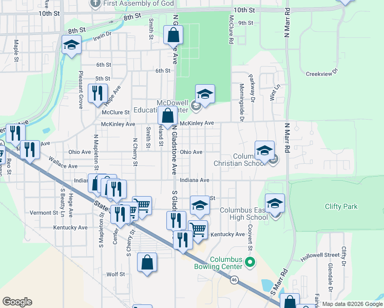 map of restaurants, bars, coffee shops, grocery stores, and more near 161 North Ross Street in Columbus