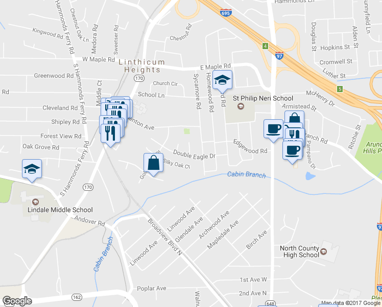 map of restaurants, bars, coffee shops, grocery stores, and more near 302 Double Eagle Drive in Linthicum Heights