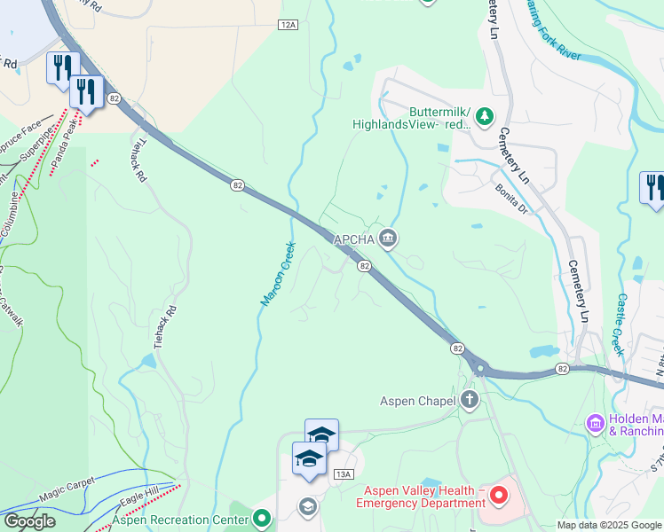 map of restaurants, bars, coffee shops, grocery stores, and more near 55 Pyramid Road in Aspen