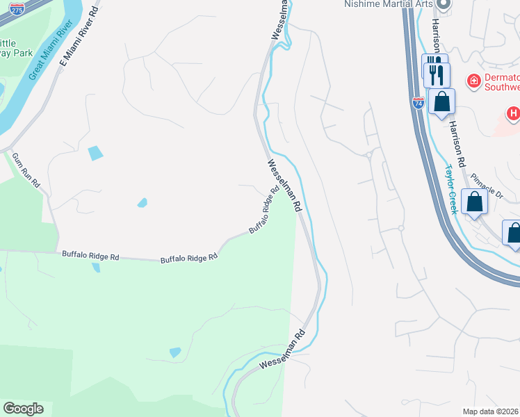 map of restaurants, bars, coffee shops, grocery stores, and more near 7380 Buffalo Ridge Road in Cleves