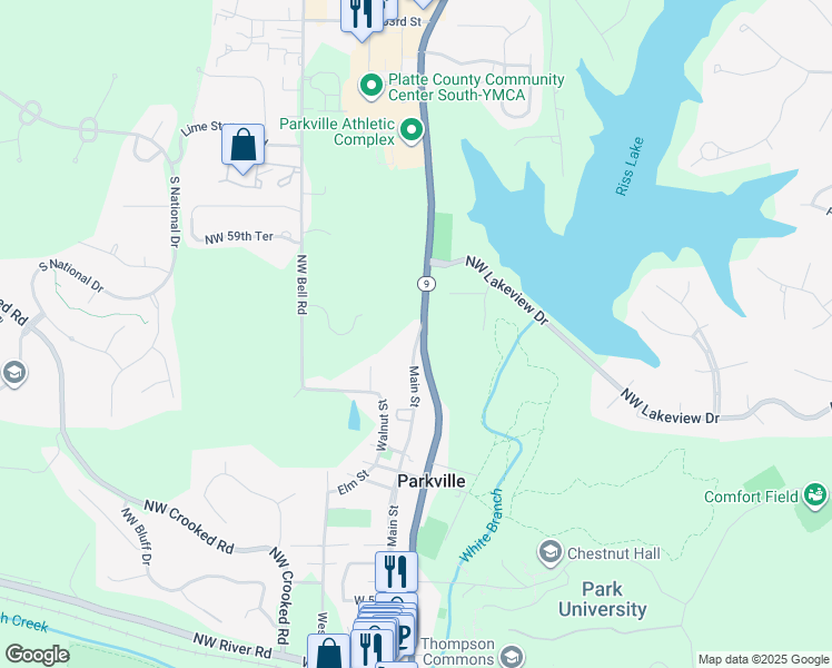 map of restaurants, bars, coffee shops, grocery stores, and more near 1346 Main Street in Parkville