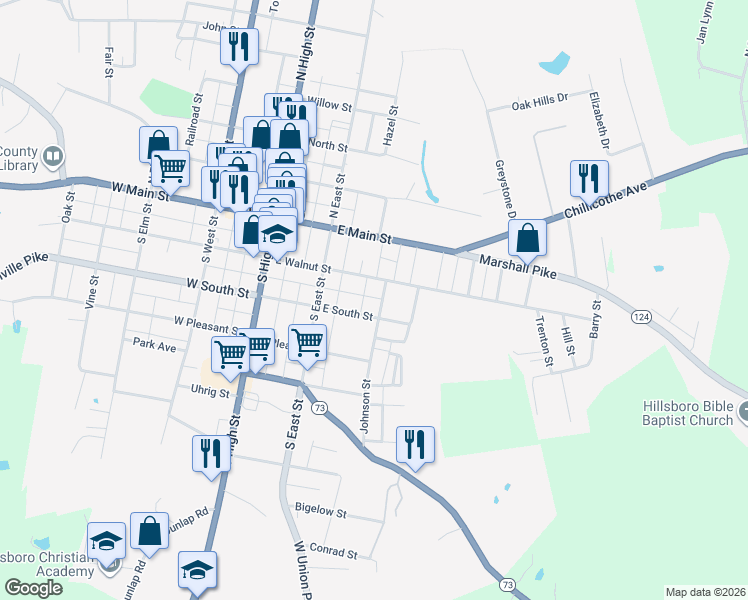 map of restaurants, bars, coffee shops, grocery stores, and more near 233 Johnson Street in Hillsboro