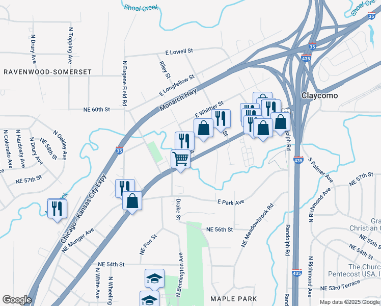 map of restaurants, bars, coffee shops, grocery stores, and more near 166 Riley Street in Kansas City