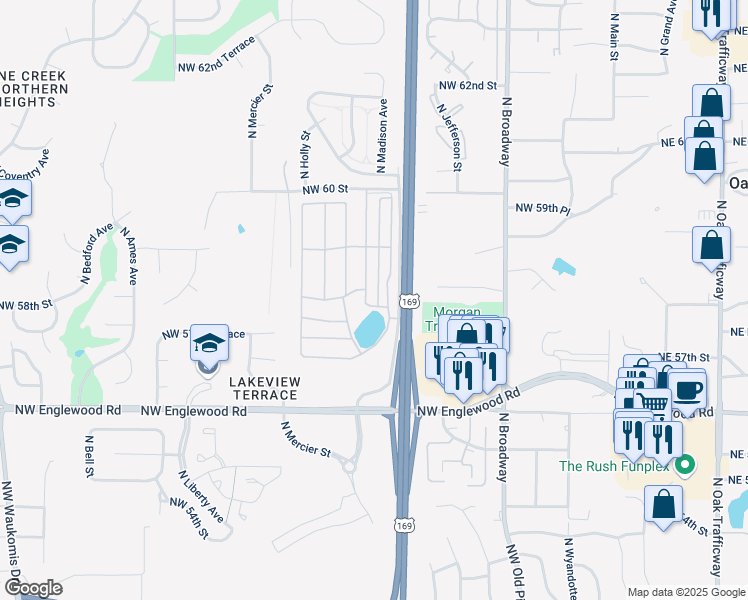 map of restaurants, bars, coffee shops, grocery stores, and more near 4600 North Madison Avenue in Kansas City