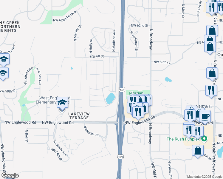 map of restaurants, bars, coffee shops, grocery stores, and more near 4600 North Madison Avenue in Kansas City