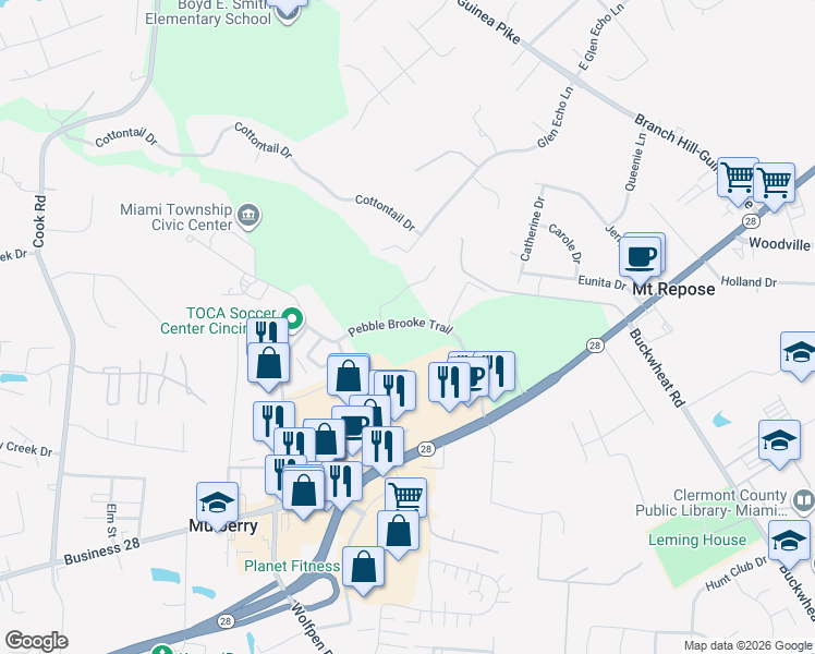 map of restaurants, bars, coffee shops, grocery stores, and more near 1283 Pebble Brooke Trail in Milford