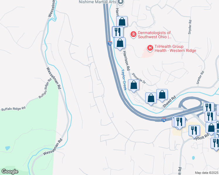 map of restaurants, bars, coffee shops, grocery stores, and more near 7362 Bridge Point Drive in Cincinnati