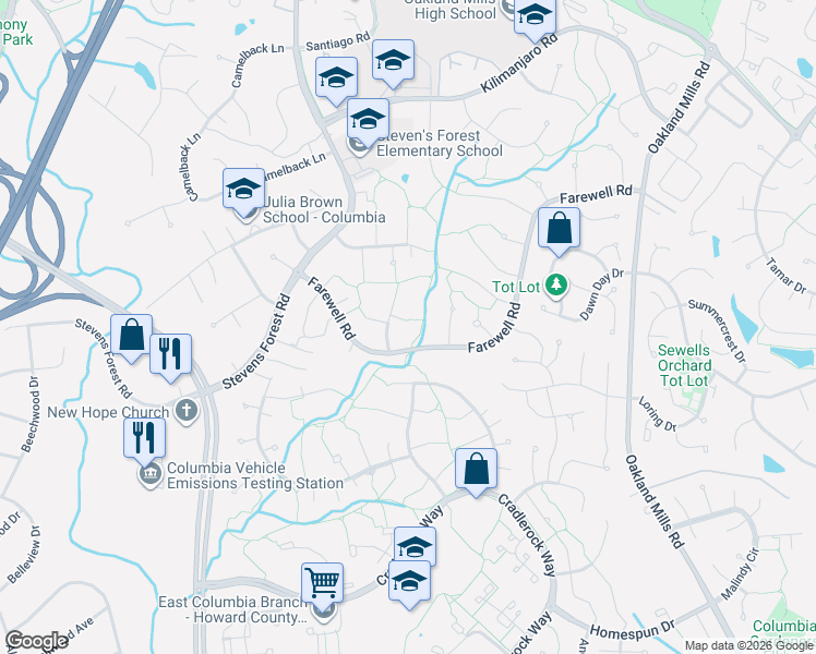 map of restaurants, bars, coffee shops, grocery stores, and more near 9572 Patchin Court in Columbia