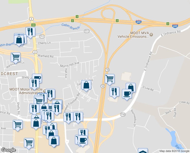 map of restaurants, bars, coffee shops, grocery stores, and more near 321 Dark Star Way in Glen Burnie