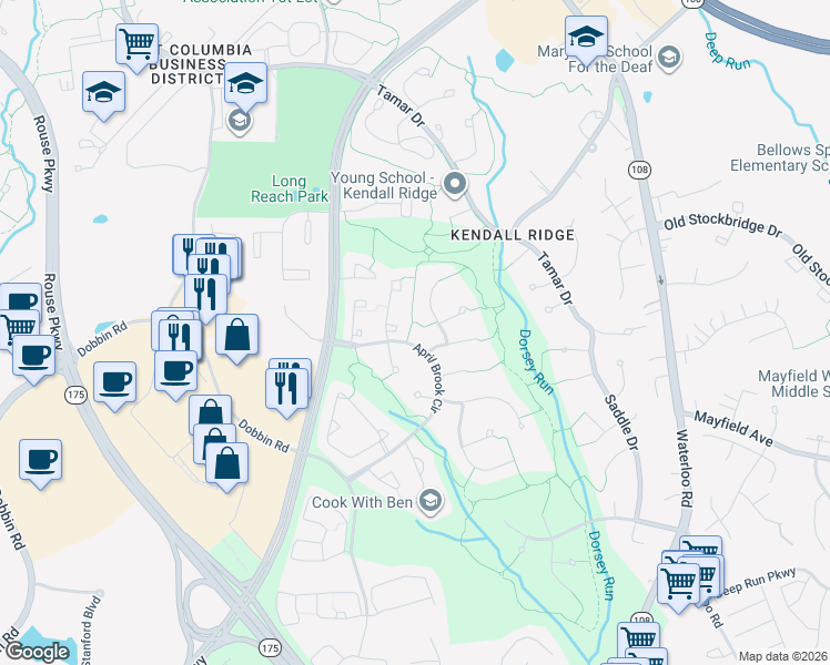 map of restaurants, bars, coffee shops, grocery stores, and more near 6239 April Brook Circle in Columbia