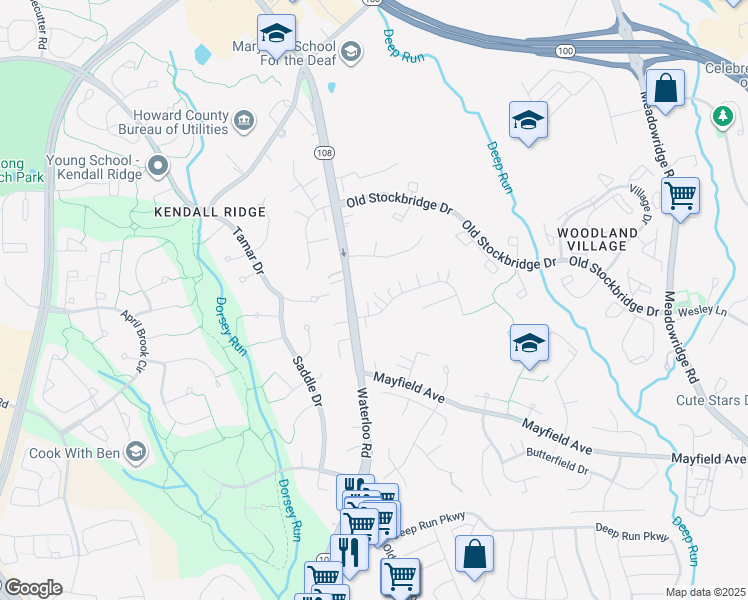 map of restaurants, bars, coffee shops, grocery stores, and more near 6227 Woodcrest Drive in Ellicott City