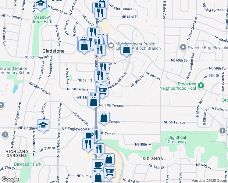 map of restaurants, bars, coffee shops, grocery stores, and more near 2813 A Northeast Kendallwood Parkway in Gladstone