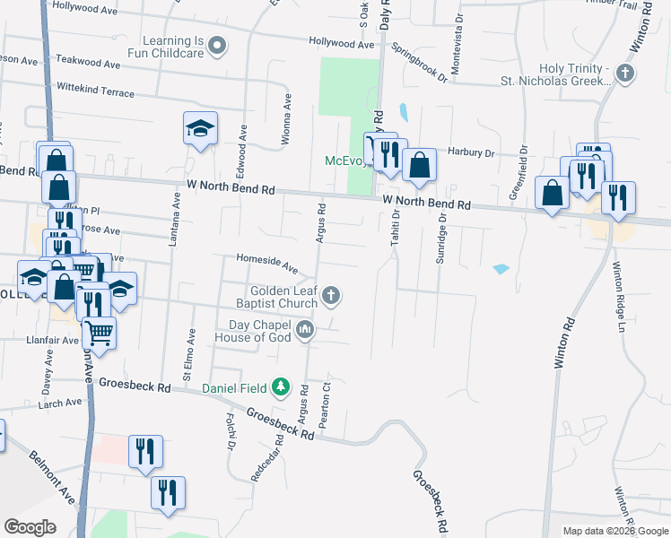 map of restaurants, bars, coffee shops, grocery stores, and more near 1081 Elda Lane in Cincinnati
