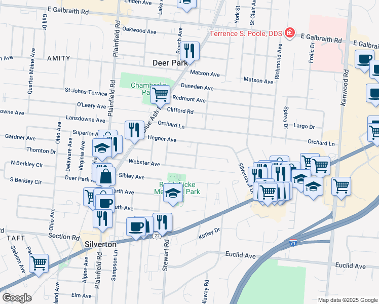 map of restaurants, bars, coffee shops, grocery stores, and more near 4268 Glenway Avenue in Deer Park