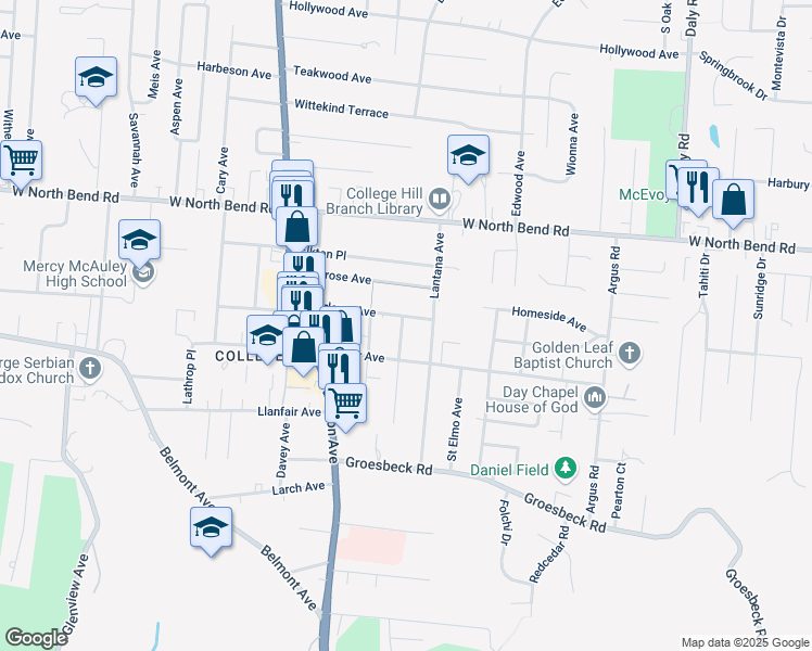 map of restaurants, bars, coffee shops, grocery stores, and more near 1423 Marlowe Avenue in Cincinnati