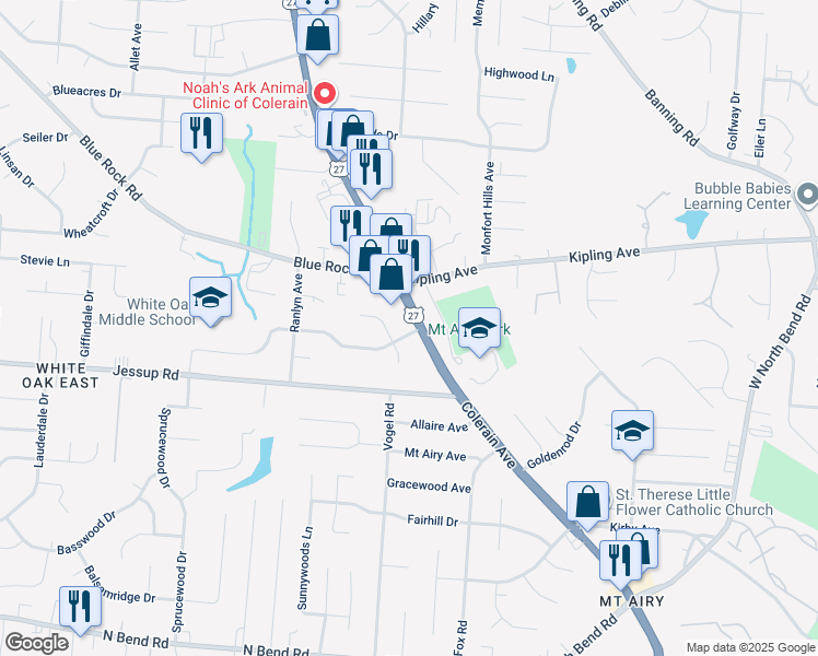 map of restaurants, bars, coffee shops, grocery stores, and more near 2606 Robers Avenue in Cincinnati