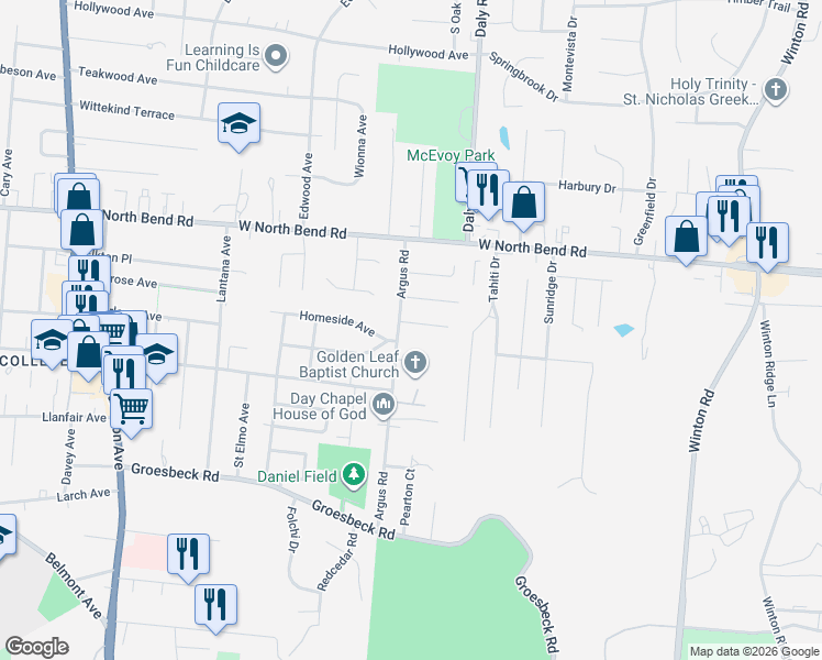 map of restaurants, bars, coffee shops, grocery stores, and more near 1081 Elda Lane in Cincinnati