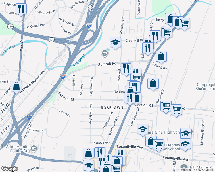map of restaurants, bars, coffee shops, grocery stores, and more near 7613 Yorkshire Pl in Cincinnati