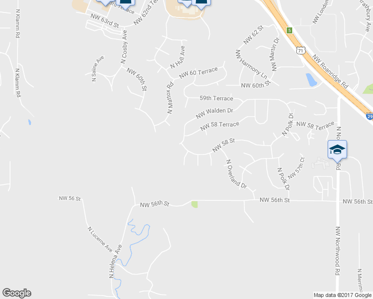 map of restaurants, bars, coffee shops, grocery stores, and more near 5404 Northwest 58 Street in Kansas City