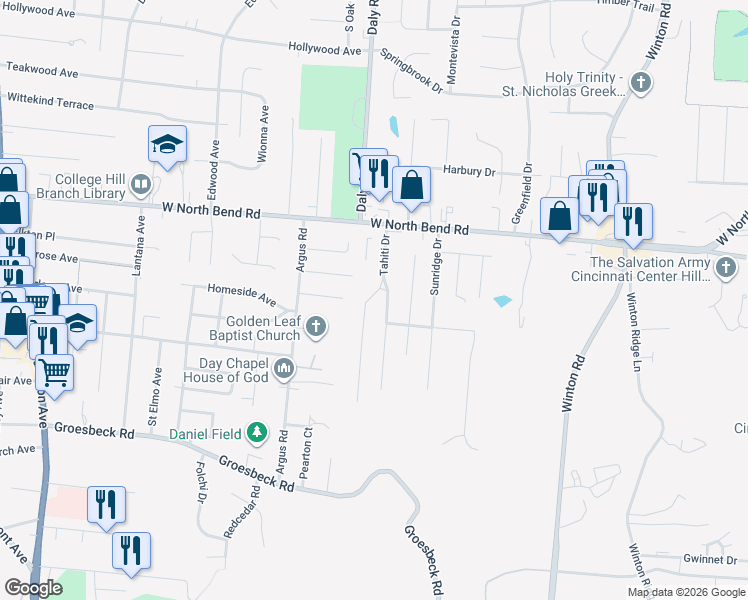 map of restaurants, bars, coffee shops, grocery stores, and more near 6086 Tahiti Drive in Cincinnati