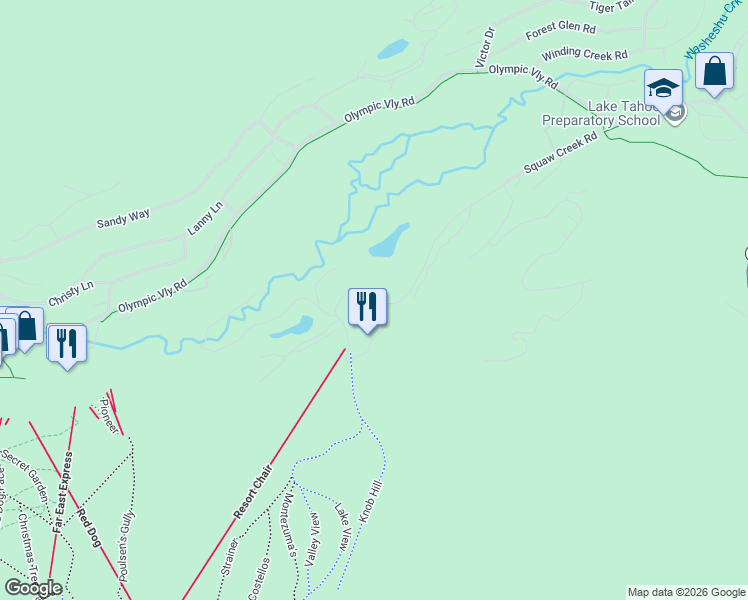 map of restaurants, bars, coffee shops, grocery stores, and more near 400 Squaw Creek Road in Olympic Valley