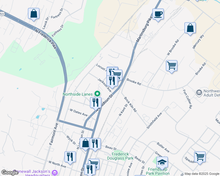 map of restaurants, bars, coffee shops, grocery stores, and more near 18 Jackson Avenue in Winchester