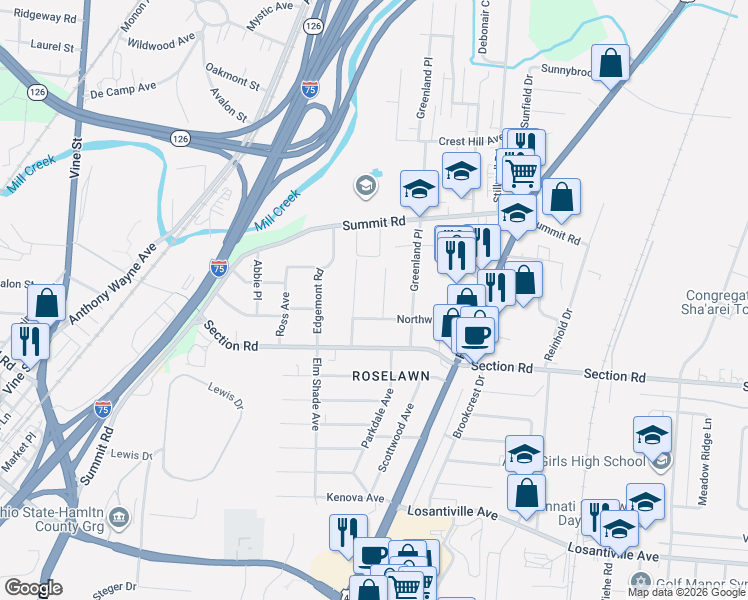 map of restaurants, bars, coffee shops, grocery stores, and more near 7613 Yorkshire Place in Cincinnati