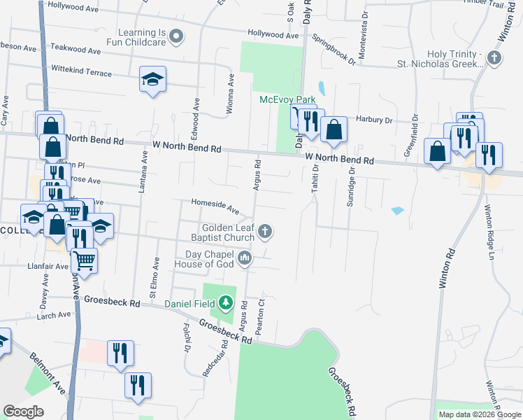 map of restaurants, bars, coffee shops, grocery stores, and more near 1081 Elda Lane in Cincinnati