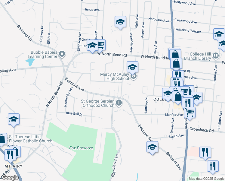 map of restaurants, bars, coffee shops, grocery stores, and more near 5930 Belmont Avenue in Cincinnati