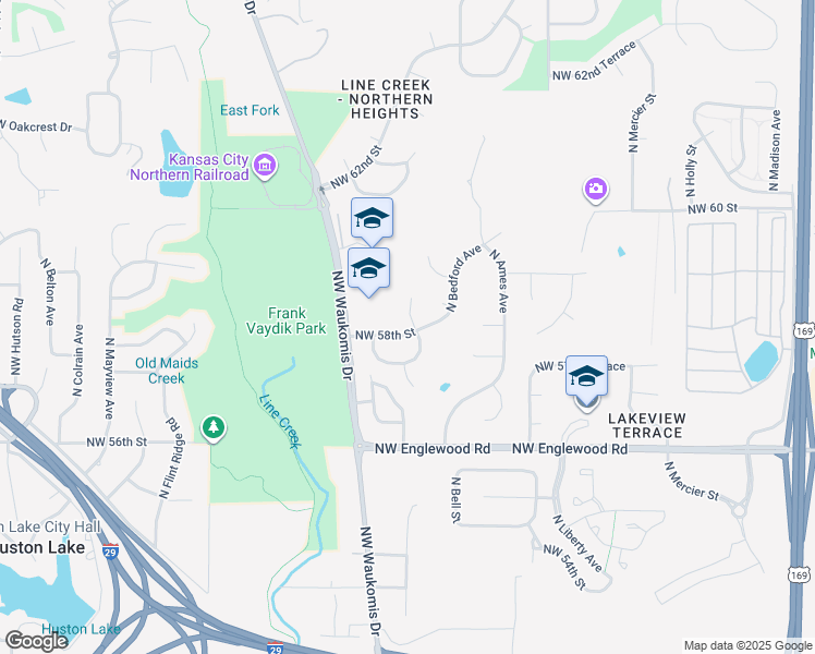 map of restaurants, bars, coffee shops, grocery stores, and more near 5801 North Delta Avenue in Kansas City