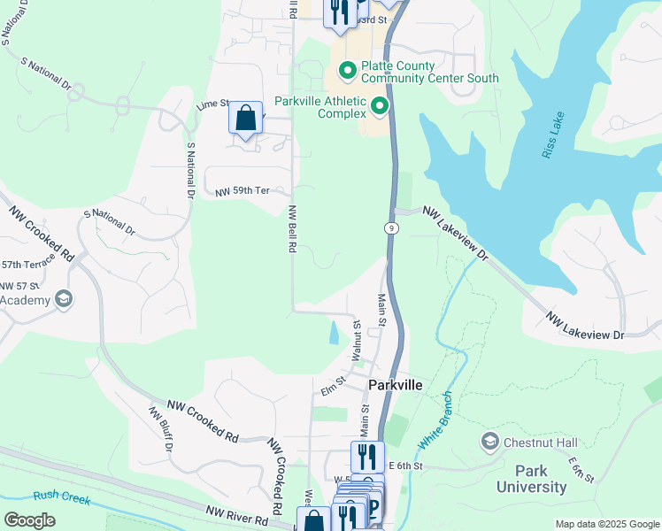 map of restaurants, bars, coffee shops, grocery stores, and more near 9119 Northwest 57 Street in Parkville
