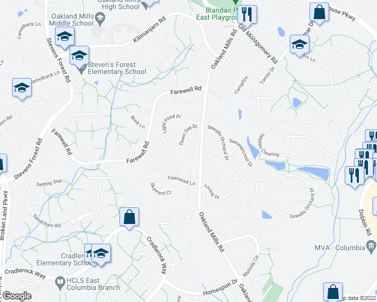 map of restaurants, bars, coffee shops, grocery stores, and more near 6280 Blue Dart Place in Columbia