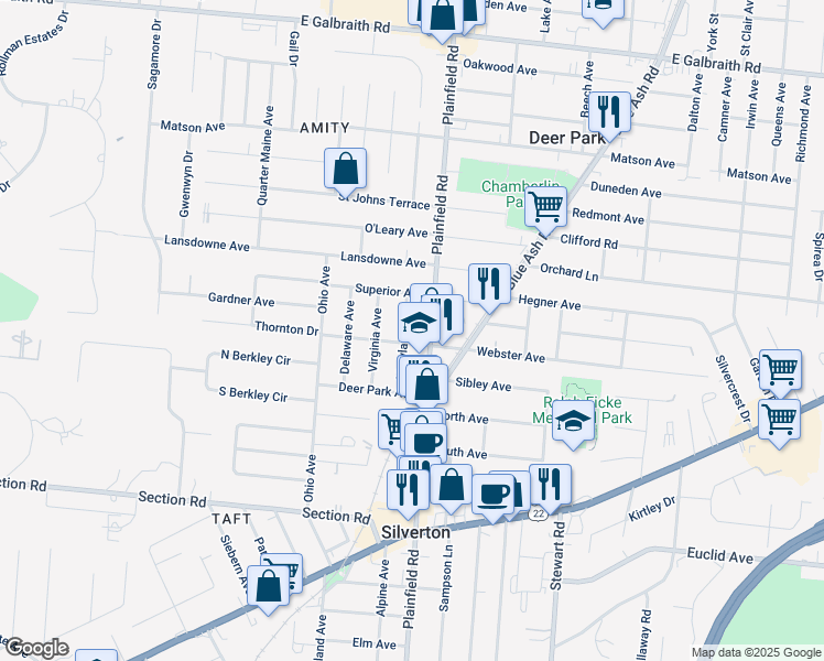map of restaurants, bars, coffee shops, grocery stores, and more near 7212 Maryland Avenue in Cincinnati