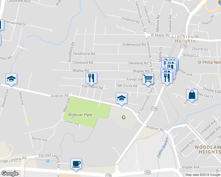 map of restaurants, bars, coffee shops, grocery stores, and more near 540 Fairmount Road in Linthicum Heights