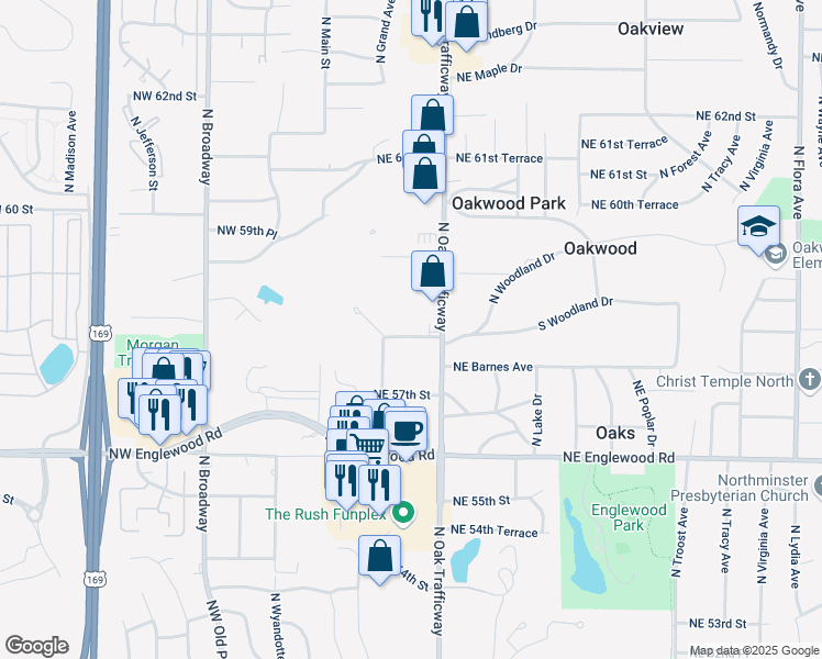 map of restaurants, bars, coffee shops, grocery stores, and more near 204 Northeast 58th Street in Gladstone
