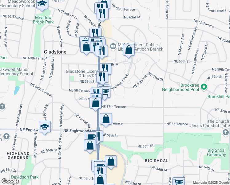 map of restaurants, bars, coffee shops, grocery stores, and more near 2813 A Northeast Kendallwood Parkway in Gladstone