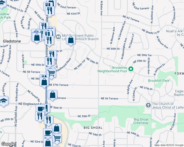 map of restaurants, bars, coffee shops, grocery stores, and more near 5811 North College Avenue in Kansas City