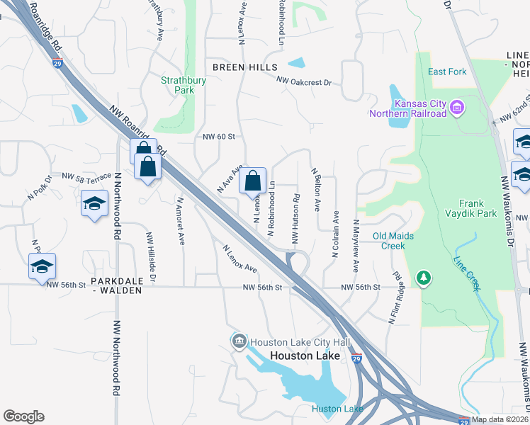 map of restaurants, bars, coffee shops, grocery stores, and more near 5721 N Lenox Ave in Kansas City